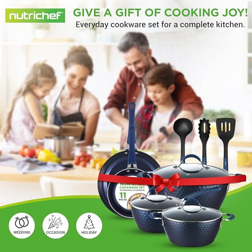 NutriChef 11 Piece Pots and Pans Set - Non Stick Cookware Set with Ceramic Coating, Cool-Touch Handles, Induction Ready, Includes Lids, and Utensils - Diamond Blue - My Kitchen Products