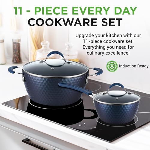 NutriChef 11 Piece Pots and Pans Set - Non Stick Cookware Set with Ceramic Coating, Cool-Touch Handles, Induction Ready, Includes Lids, and Utensils - Diamond Blue - My Kitchen Products