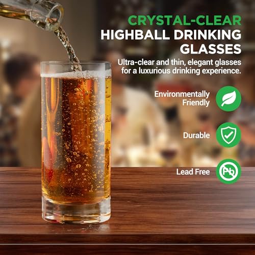 Nutrichef 14.2 oz Highball Drinking Glasses Premium Crystal, Durable & Dishwasher Safe, Elegant Design for Water, Cocktails & Liquor - Set of 2 - My Kitchen Products