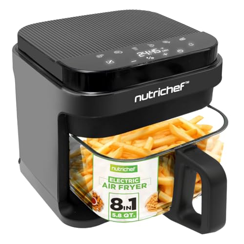 Nutrichef 5.8 Quart Air Fryer | 8-1 Preset Cook Modes | Transparent Fry Bowl for Best Cooking Results | Cook Shrimp, Steak, Fries, Wings, Chicken & More | Precise Temperature Control & Time | Grey - My Kitchen Products