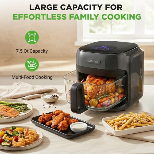 NutriChef Family Size 7.5 Quart Air Fryer | 6 Preset Cooking Modes | Glass Fry Bowl for Best Cooking | 360° Air Circulation | Cook Veggies, Steak, Fries, Seafood, Chicken & More | Gray - My Kitchen Products