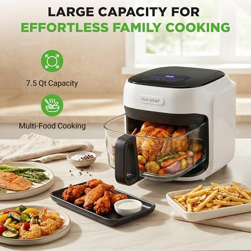 NutriChef Family Size 7.5 Quart Air Fryer | 6 Preset Cooking Modes | Glass Fry Bowl for Best Cooking | 360° Air Circulation | Cook Veggies, Steak, Fries, Seafood, Chicken & More | White - My Kitchen Products