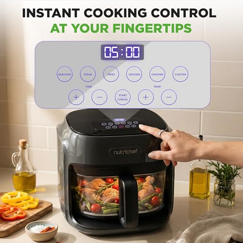 NutriChef Family Size 7.5 Quart Air Fryer | 6 Preset Cooking Modes | Glass Fry Bowl for Best Cooking | 360° Air Circulation | Cook Veggies, Steak, Fries, Seafood, Chicken & More | Gray - My Kitchen Products