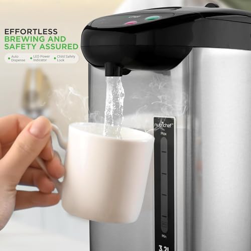 NutriChef Hot Water Urn Pot 3.38 QT, Insulated Stainless Steel Hot Water Dispenser & Boiler, Auto & Manual Dispense, Safety Lock, Electric Kettle - My Kitchen Products