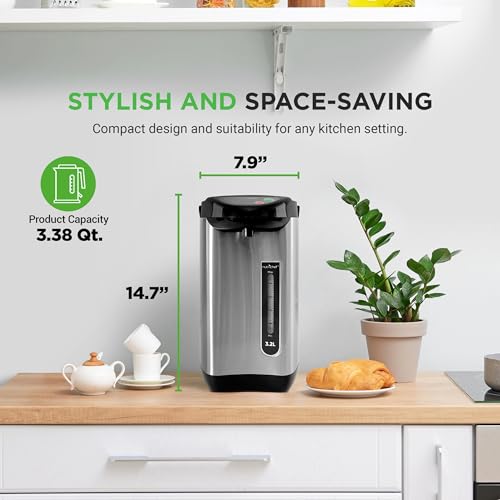 NutriChef Hot Water Urn Pot 3.38 QT, Insulated Stainless Steel Hot Water Dispenser & Boiler, Auto & Manual Dispense, Safety Lock, Electric Kettle - My Kitchen Products
