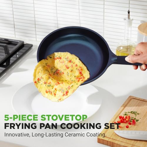 NutriChef Non Stick Frying Pans Set, 5-Piece Blue Diamond Ceramic Cookware with Lid, Nonstick Frying Pan for Gas, Electric, Ceramic & Induction Cooktops, PTFE/PFOA Free, Bakelite Soft-Touch Handles - My Kitchen Products