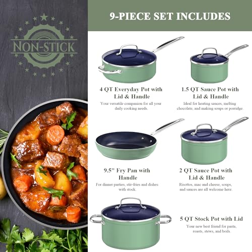 Nuwave 9pc Cookware Set Healthy Duralon Blue Ceramic Nonstick Coated, Diamond Infused Scratch-Resistant, PFAS Free, Oven Safe, Induction Ready & Evenly Heats, Tempered Glass Lids & Stay-Cool Handle - My Kitchen Products