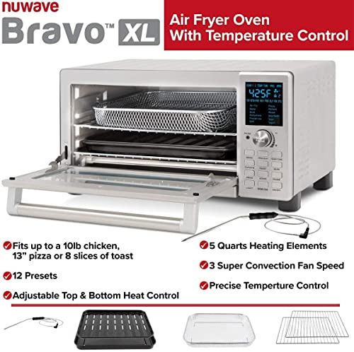 Nuwave Bravo Air Fryer Toaster Smart Oven, 12-in-1 Countertop Convection, 30-QT XL Capacity, 50°-500°F Controls, Top and Bottom Heater Adjustments 0%-100%, Brushed Stainless Steel Look (Renewed) - My Kitchen Products