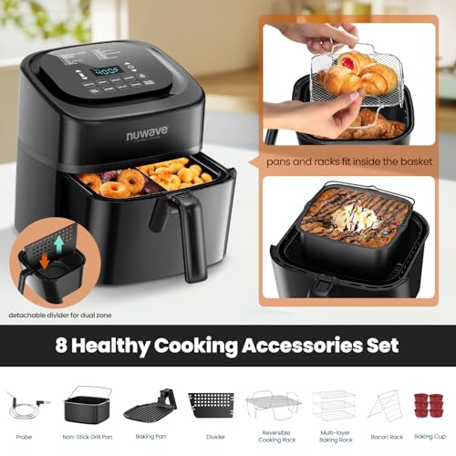 Nuwave Brio 10-in-1 Air Fryer, 6 QT Airfryer Capacity with Smart Probe, Roast Grill Bake for Fast Meals, One-Touch Digital Controls, Powerful 1800W Fryer, 100 Recipes, Removable Divider & Grill Pan - My Kitchen Products
