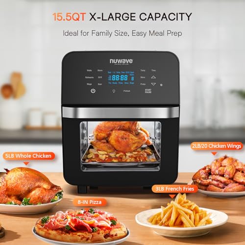 Nuwave Brio 15.5Qt Air Fryer Oven with Plug-In Grill, XL Family Size, 10-in-1, Air Fry, Grill, Rotisserie, Even & Crisp Cooking, 50°–425°F, 1800W - My Kitchen Products