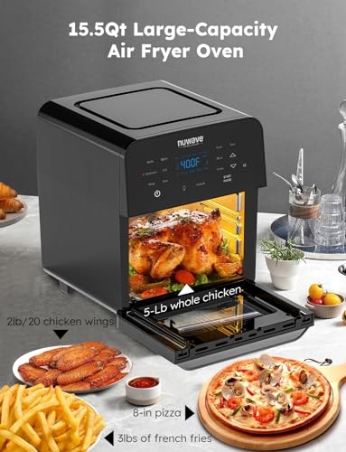 Nuwave Brio 15.5Qt Air Fryer Rotisserie Oven, X-Large Family Size, Powerful 1800W, 4 Rack Positions, 50°-425°F Temp Controls, 100 Presets & 50 Memory, Integrated Smart Thermometer, Linear T Technology - My Kitchen Products