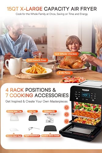Nuwave Brio 15.5Qt Air Fryer Rotisserie Oven, X-Large Family Size, Powerful 1800W, 4 Rack Positions, 50°-425°F Temp Controls, 100 Presets & 50 Memory, Integrated Smart Thermometer, Linear T Technology - My Kitchen Products
