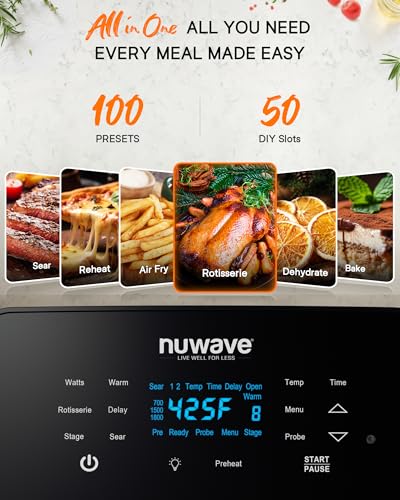 Nuwave Brio 15.5Qt Air Fryer Toaster Oven & Rotisserie Kit, 2024 New Advanced Turbo Convection Tech, Healthy PFAS Free, Max Even & Crisp, Powerful 1800W, 50-425°F, 150 Presets, Smart Probe, 4 Rack - My Kitchen Products
