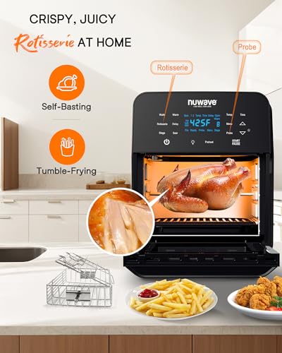 Nuwave Brio 15.5Qt Air Fryer Toaster Oven & Rotisserie Kit, 2024 New Advanced Turbo Convection Tech, Healthy PFAS Free, Max Even & Crisp, Powerful 1800W, 50-425°F, 150 Presets, Smart Probe, 4 Rack - My Kitchen Products