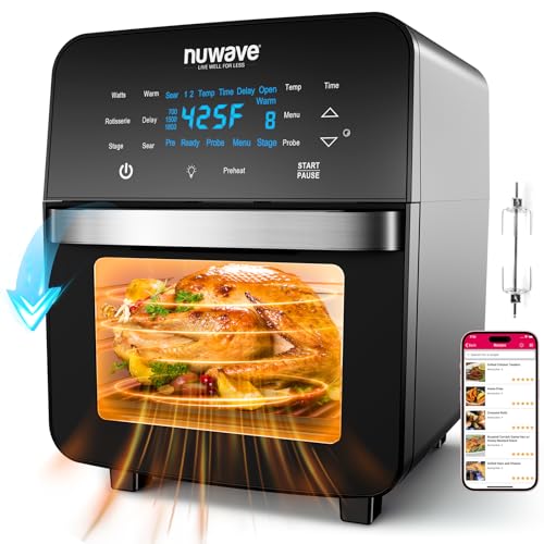 Nuwave Brio 15.5Qt Air Fryer Toaster Oven & Rotisserie Kit, 2024 New Advanced Turbo Convection Tech, Healthy PFAS Free, Max Even & Crisp, Powerful 1800W, 50-425°F, 150 Presets, Smart Probe, 4 Rack - My Kitchen Products