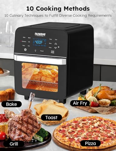 Nuwave Brio Air Fryer Oven, 15.5Qt X-Large Family Size, SS Rotisserie Basket &Skewer-Kit, Reversible Ultra Non-Stick Grill/Griddle Plate, Powerful 1800W, Integrated Smart Thermometer,Black - My Kitchen Products