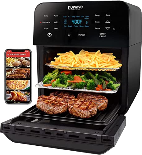 Nuwave Brio Air Fryer Oven, 15.5Qt X-Large Family Size, SS Rotisserie Basket &Skewer-Kit, Reversible Ultra Non-Stick Grill/Griddle Plate, Powerful 1800W, Integrated Smart Thermometer,Black - My Kitchen Products