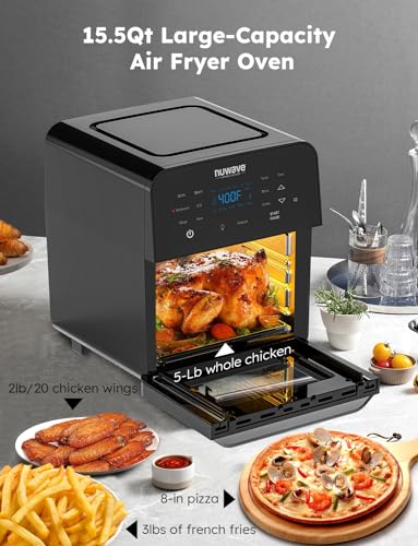 Nuwave Brio Air Fryer Oven, 15.5Qt X-Large Family Size, SS Rotisserie Basket &Skewer-Kit, Reversible Ultra Non-Stick Grill/Griddle Plate, Powerful 1800W, Integrated Smart Thermometer,Black - My Kitchen Products