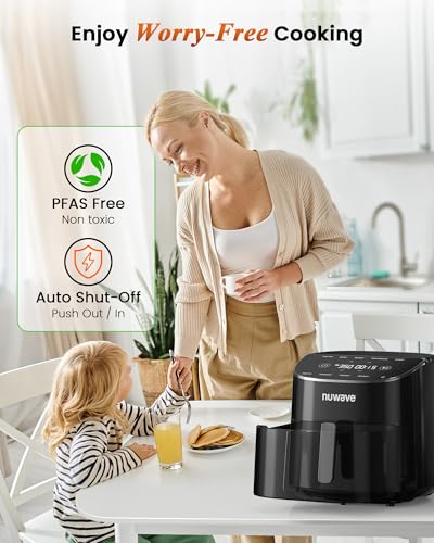 Nuwave Brio Plus Air Fryer 8 Qt, New & Improved, PFAS-FREE, 7 Digital One-Touch Cook Functions that AIR FRY, BAKE, ROAST, DEHYDRATE, TOAST, REHEAT, PREHEAT, 150 Presets, 50°F~400°F (Black) - My Kitchen Products
