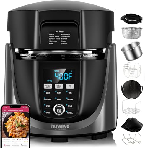 Nuwave Duet Air Fryer, Electric Pressure Cooker & Grill Combo, 540 IN 1 Multicooker with 3 Removable Lids, Slow Cook, Sautés, Dehydrator, 18/10 SS Pot, Sure-Lock Safety Tech & 13 Deluxe Accessories - My Kitchen Products