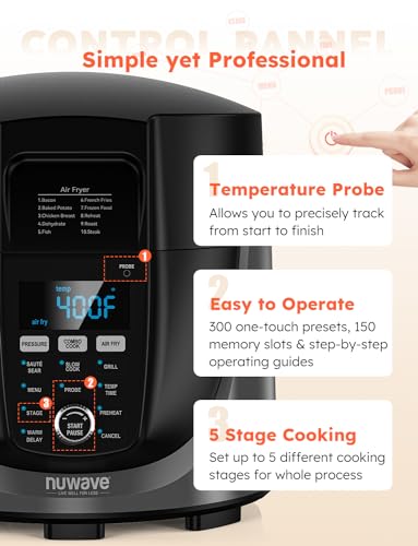 Nuwave Duet Electric Pressure Cooker & Air Fryer Combo, 450 IN 1 Slow Cooker & Grill with Integrated Digital Temp Probe, 6qt SS Pot, Adjustable High/Low Pressure, Built-in Sure-Lock Safety Tech - My Kitchen Products