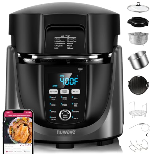 Nuwave Duet Electric Pressure Cooker & Air Fryer Combo, 450 IN 1 Slow Cooker & Grill with Integrated Digital Temp Probe, 6qt SS Pot, Adjustable High/Low Pressure, Built-in Sure-Lock Safety Tech - My Kitchen Products