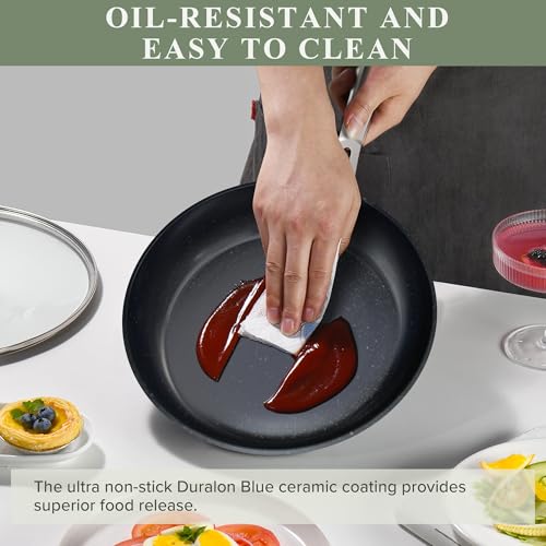 Nuwave Healthy Duralon Blue Ceramic Nonstick Cookware Set, Diamond Infused Scratch-Resistant, PFAS Free, Dishwasher & Oven Safe, Induction Ready & Evenly Heats, Tempered Glass Lids & Stay-Cool Handles - My Kitchen Products