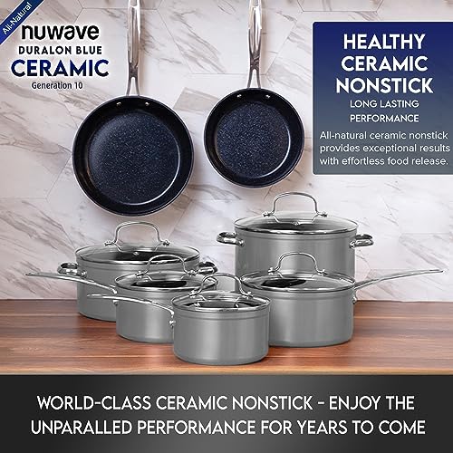 Nuwave Healthy Duralon Blue Ceramic Nonstick Cookware Set, Diamond Infused Scratch-Resistant, PFAS Free, Dishwasher & Oven Safe, Induction Ready & Evenly Heats, Tempered Glass Lids & Stay-Cool Handles - My Kitchen Products