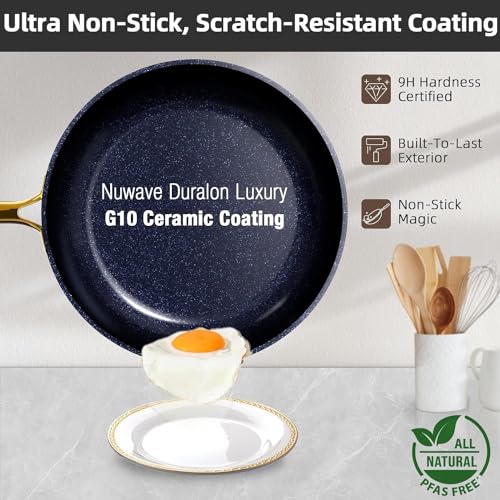 Nuwave Lux LE 13-Pc Cookware Set with Elegant Gold Handle, Diamond Infused Ceramic Non-Stick, PFAS Free, Premium Metal Lids, Ergonomic Stay-Cool Handles, Induction Ready & Compatible w/All Cooktops - My Kitchen Products