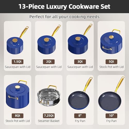 Nuwave Lux LE 13-Pc Cookware Set with Elegant Gold Handle, Diamond Infused Ceramic Non-Stick, PFAS Free, Premium Metal Lids, Ergonomic Stay-Cool Handles, Induction Ready & Compatible w/All Cooktops - My Kitchen Products