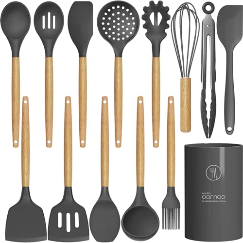 oannao Silicone Cooking Utensils Kitchen Utensil Set - 446°F Heat Resistant Silicone Kitchen Utensils Set, Spatula,Turner Tongs, Spoon, Whisk,Kitchen Gadgets for Nonstick Cookware, BPA Free (Gray) - My Kitchen Products