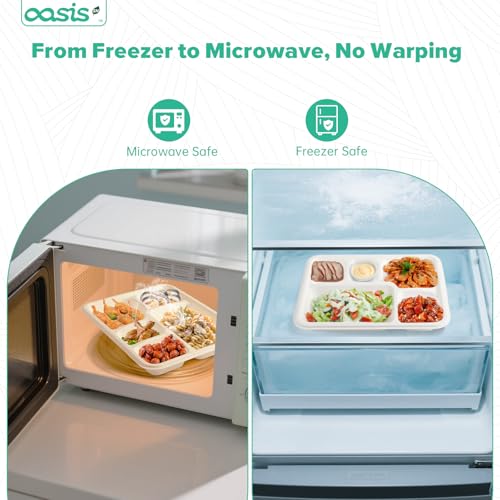 OasisSN 10x8 128-Pack 5-Compartment Divided Plates, Ideal for Light Meals, Kids Lunch, Meal Prep & Party, Heavy Duty Compostable Bagasse Plates, Microwave Safe, White - My Kitchen Products