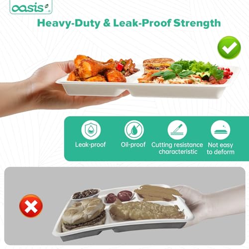 OasisSN 10x8 128-Pack 5-Compartment Divided Plates, Ideal for Light Meals, Kids Lunch, Meal Prep & Party, Heavy Duty Compostable Bagasse Plates, Microwave Safe, White - My Kitchen Products
