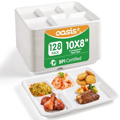 OasisSN 10x8 128-Pack 5-Compartment Divided Plates, Ideal for Light Meals, Kids Lunch, Meal Prep & Party, Heavy Duty Compostable Bagasse Plates, Microwave Safe, White - My Kitchen Products