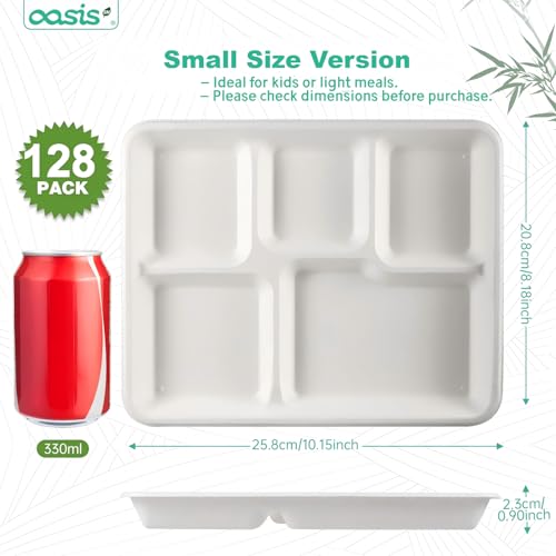 OasisSN 10x8 128-Pack 5-Compartment Divided Plates, Ideal for Light Meals, Kids Lunch, Meal Prep & Party, Heavy Duty Compostable Bagasse Plates, Microwave Safe, White - My Kitchen Products