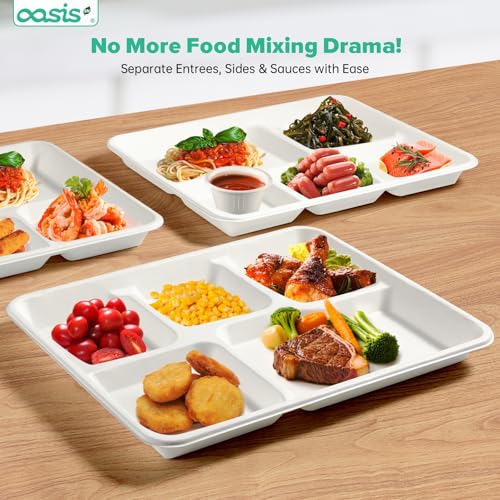OasisSN 10x8 128-Pack 5-Compartment Divided Plates, Ideal for Light Meals, Kids Lunch, Meal Prep & Party, Heavy Duty Compostable Bagasse Plates, Microwave Safe, White - My Kitchen Products
