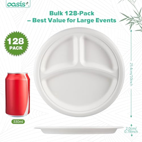 OasisSN 𝟭𝟬 𝗶𝗻𝗰𝗵, 𝟭𝟮𝟴-𝗣𝗮𝗰𝗸 3-Compartment Disposable Paper Plates, Compostable Heavy-Duty Divided Plates for Meal Prep, School Lunches & Party Buffets (White) - My Kitchen Products