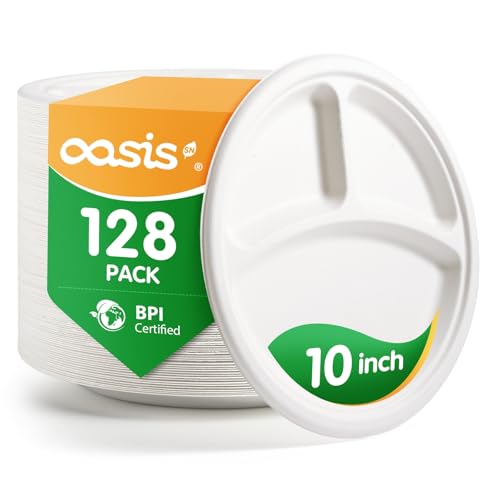 OasisSN 𝟭𝟬 𝗶𝗻𝗰𝗵, 𝟭𝟮𝟴-𝗣𝗮𝗰𝗸 3-Compartment Disposable Paper Plates, Compostable Heavy-Duty Divided Plates for Meal Prep, School Lunches & Party Buffets (White) - My Kitchen Products