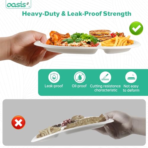 OasisSN 𝟭𝟬 𝗶𝗻𝗰𝗵, 𝟭𝟮𝟴-𝗣𝗮𝗰𝗸 3-Compartment Disposable Paper Plates, Compostable Heavy-Duty Divided Plates for Meal Prep, School Lunches & Party Buffets (White) - My Kitchen Products