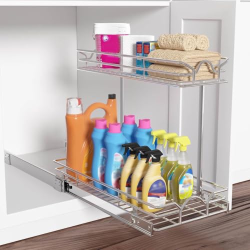 OCG Under Sink Cabinet Organizer Two Tier Pull Out Shelf (14.75W x 21D), Under Sink Sliding Shelf for Kitchen Bathroom Cabinet 2 Tier Chrome - My Kitchen Products