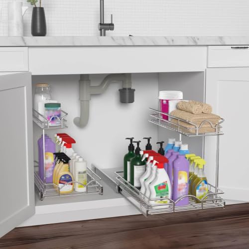 OCG Under Sink Cabinet Organizer Two Tier Pull Out Shelf (14.75W x 21D), Under Sink Sliding Shelf for Kitchen Bathroom Cabinet 2 Tier Chrome - My Kitchen Products