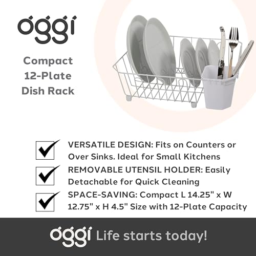 Oggi Compact Dish Drying Rack - White Metal Dish Drainer Rack, Drying Rack Kitchen, Dish Rack, Dish Racks for Kitchen Counter, Durable Coated Metal Kitchen Drying Rack with Cutlery Holder - My Kitchen Products