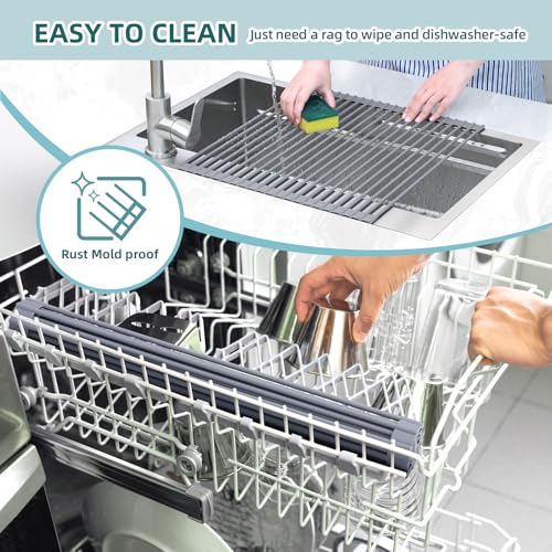Ohuhu Over Sink Dish Drying Rack Silicone Wrapped 17.6" W x 15.4" L Large Over the Sink Roll Up Dish Drainer - Foldable Sink Drying Rack Rolling Drain Mats Anti-Slip Multipurpose for Kitchen Counter - My Kitchen Products