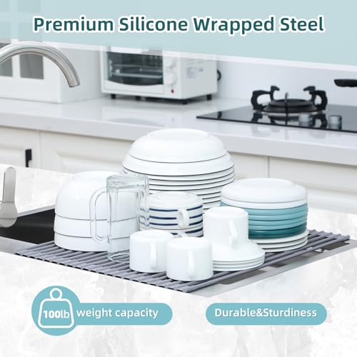 Ohuhu Over Sink Dish Drying Rack Silicone Wrapped 17.6" W x 15.4" L Large Over the Sink Roll Up Dish Drainer - Foldable Sink Drying Rack Rolling Drain Mats Anti-Slip Multipurpose for Kitchen Counter - My Kitchen Products