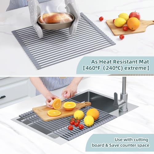Ohuhu Over Sink Dish Drying Rack Silicone Wrapped 17.6" W x 15.4" L Large Over the Sink Roll Up Dish Drainer - Foldable Sink Drying Rack Rolling Drain Mats Anti-Slip Multipurpose for Kitchen Counter - My Kitchen Products