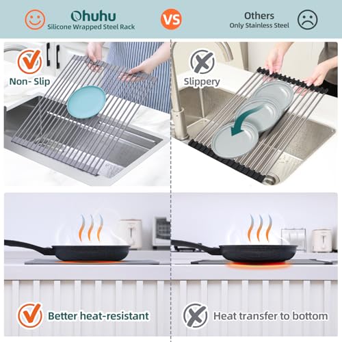Ohuhu Over Sink Dish Drying Rack Silicone Wrapped 17.6" W x 15.4" L Large Over the Sink Roll Up Dish Drainer - Foldable Sink Drying Rack Rolling Drain Mats Anti-Slip Multipurpose for Kitchen Counter - My Kitchen Products