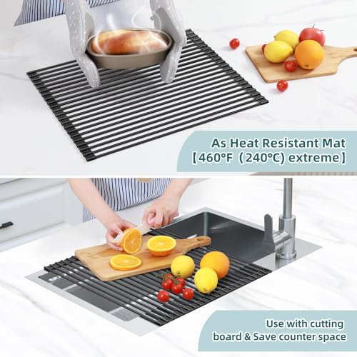 Ohuhu Over The Sink Dish Drainer Drying Rack, 17.6" W x 15.4" L Roll Up Dish Racks Kitchen Sink Organizer Silicone Wrapped Large in Sink Dish Drying Rack Foldable Rolling Drain Mats Anti-Slip - My Kitchen Products