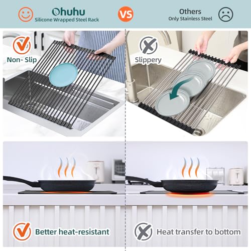 Ohuhu Over The Sink Dish Drainer Drying Rack, 17.6" W x 15.4" L Roll Up Dish Racks Kitchen Sink Organizer Silicone Wrapped Large in Sink Dish Drying Rack Foldable Rolling Drain Mats Anti-Slip - My Kitchen Products