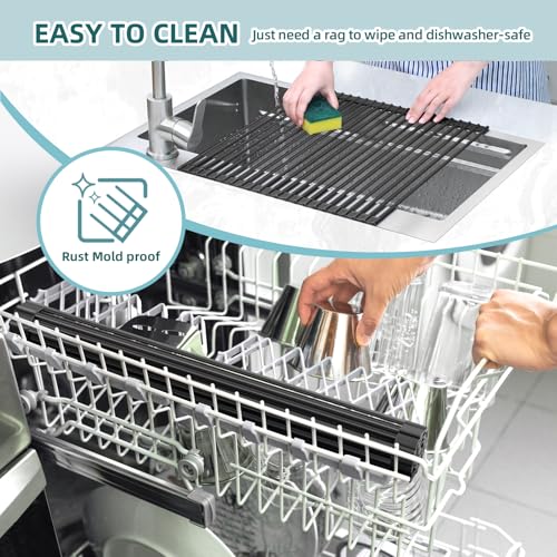 Ohuhu Over The Sink Dish Drainer Drying Rack, 17.6" W x 15.4" L Roll Up Dish Racks Kitchen Sink Organizer Silicone Wrapped Large in Sink Dish Drying Rack Foldable Rolling Drain Mats Anti-Slip - My Kitchen Products