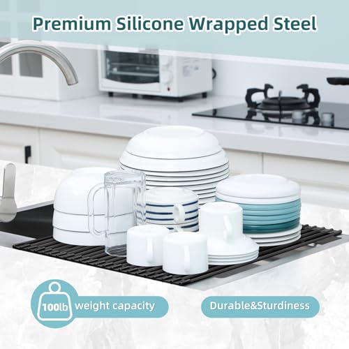 Ohuhu Over The Sink Dish Drainer Drying Rack, 17.6" W x 15.4" L Roll Up Dish Racks Kitchen Sink Organizer Silicone Wrapped Large in Sink Dish Drying Rack Foldable Rolling Drain Mats Anti-Slip - My Kitchen Products